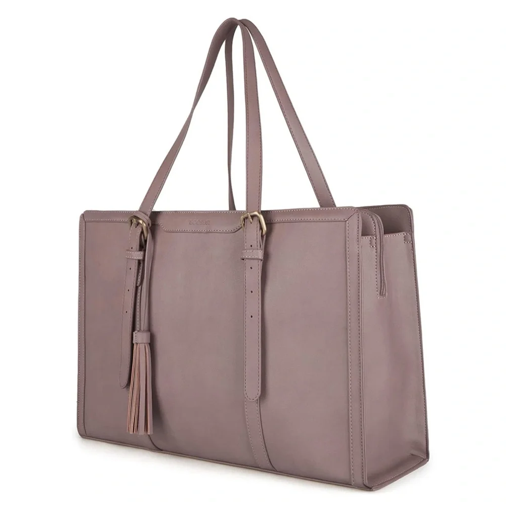 Ecosusi Tan Vegan Faux Leather Laptop Tote Bag 15.6” Work Purse 16x12
